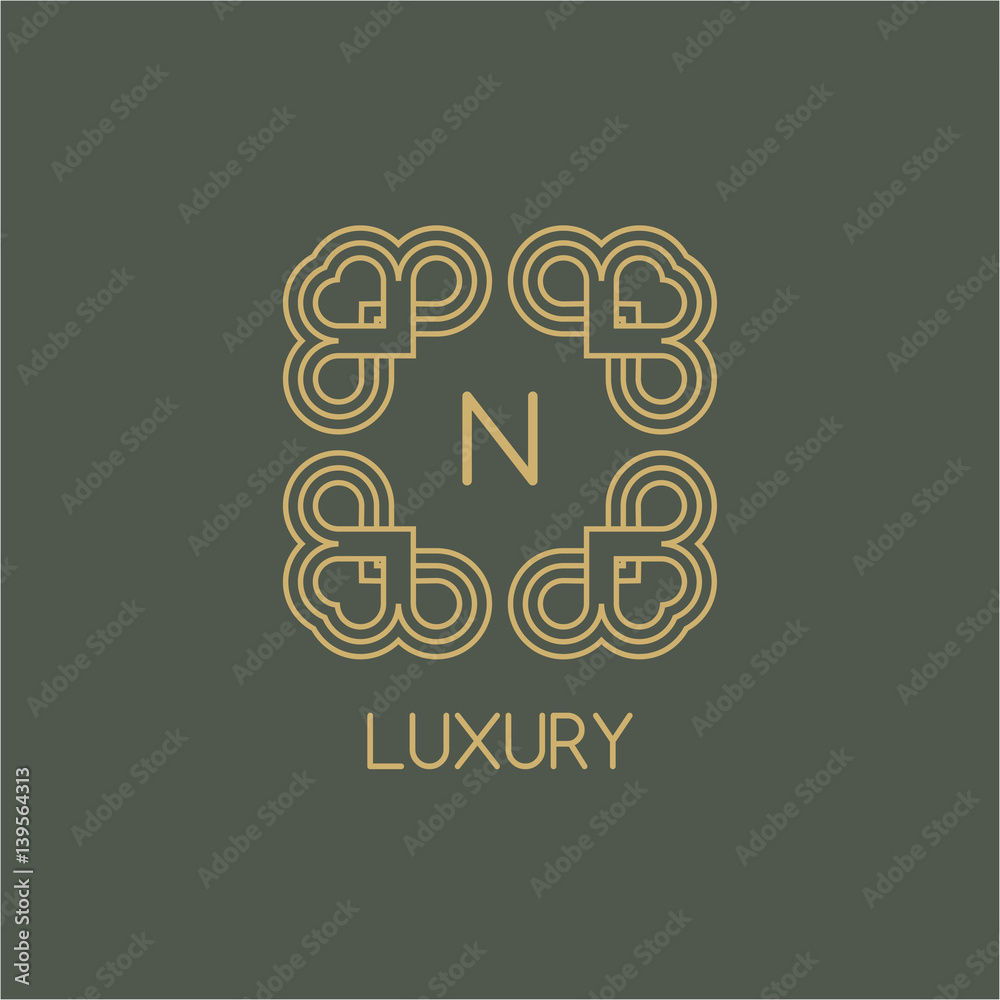 Vector logo design template and emblems in trendy linear style. Linear Gold emblem on a colorfull background. Logo template for Cafe, Hotel, Heraldic, Restaurant, Boutique