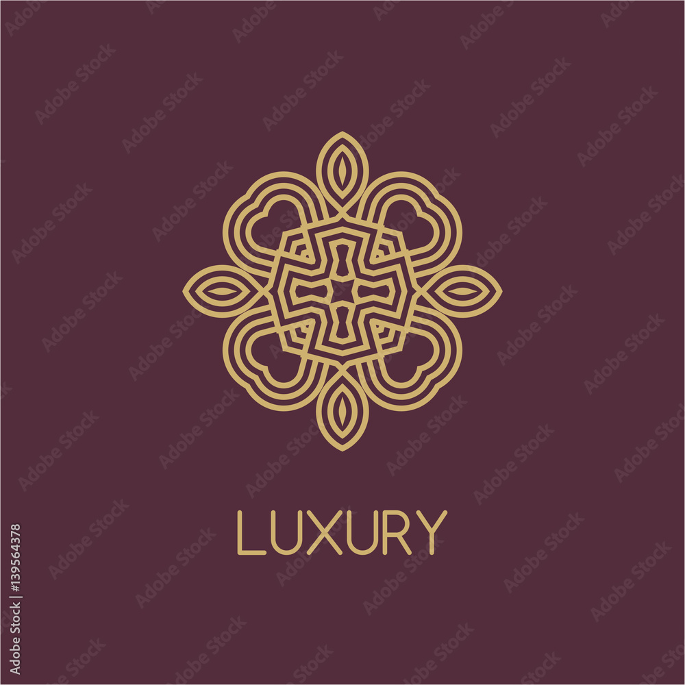 Vector logo design template and emblems in trendy linear style. Linear Gold emblem on a colorfull background. Logo template for Cafe, Hotel, Heraldic, Restaurant, Boutique Vector logo design template and emblems in trendy linear style. Linear Gold emblem on a colorfull background. Logo template for Cafe, Hotel, Heraldic, Restaurant, Boutique