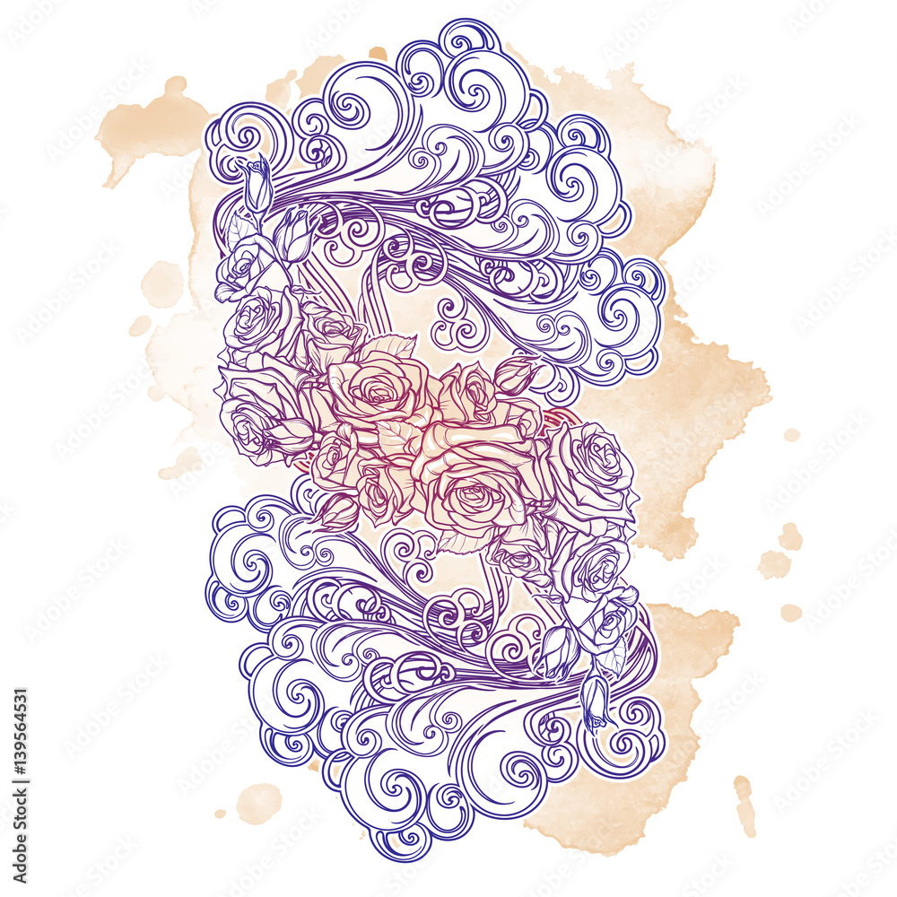 Element Air. Decorative vignette with curly clouds and rose flower garland.  Pastel colored drawing isolated on grunge sepia spot. Concept design for  the tattoo, colouring book postcard. EPS10 vector. Stock Vector |