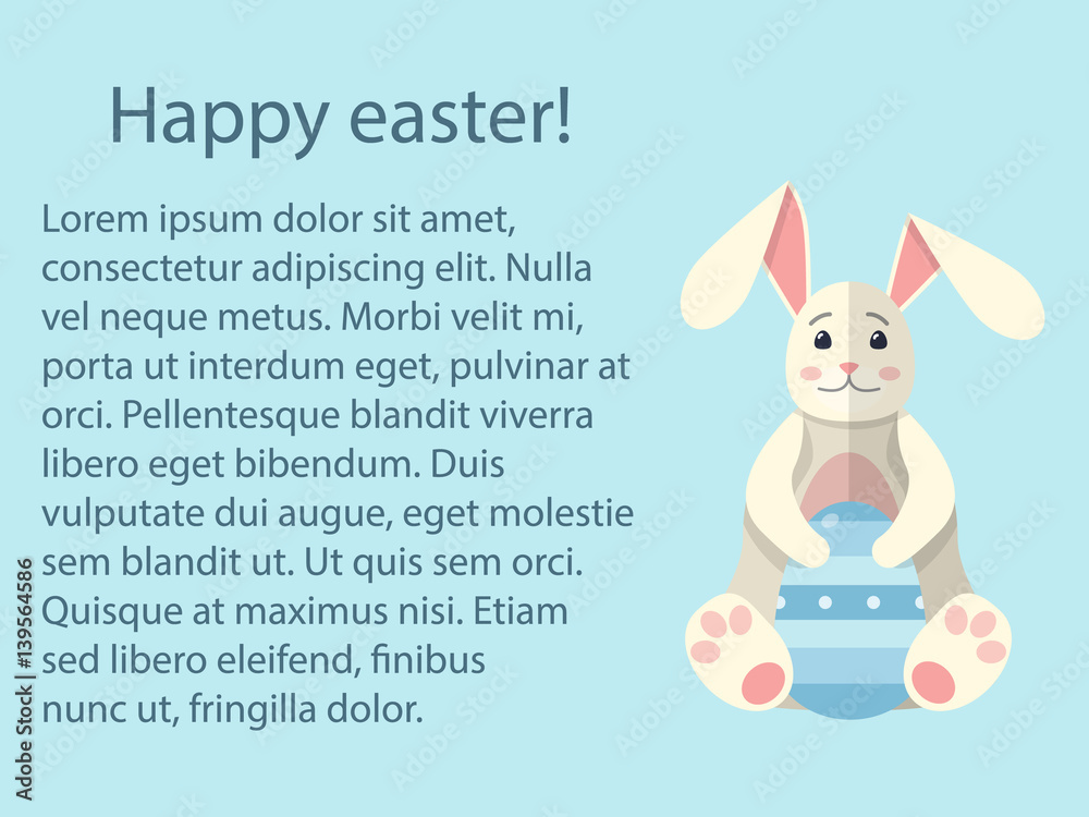 Fototapeta premium Flat Easter holiday modern style design vector celebration decoration postcard template. Decorative elements objects painted eggs and bunny rabbit.