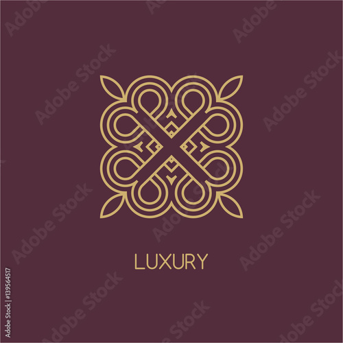 Vector logo design template and emblems in trendy linear style. Linear Gold emblem on a colorfull background. Logo template for Cafe, Hotel, Heraldic, Restaurant, Boutique