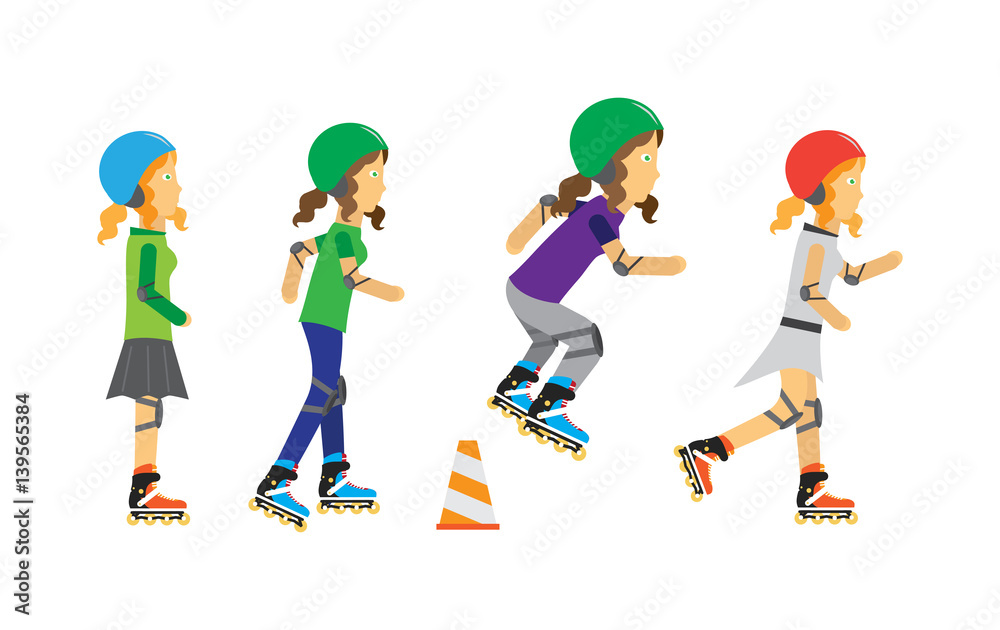 Roller Skater Girls Vector in Flat Design