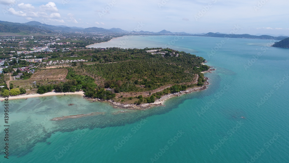Aerial drone photo of the sea and coastline of Rawai beach in Phuket, Thailand