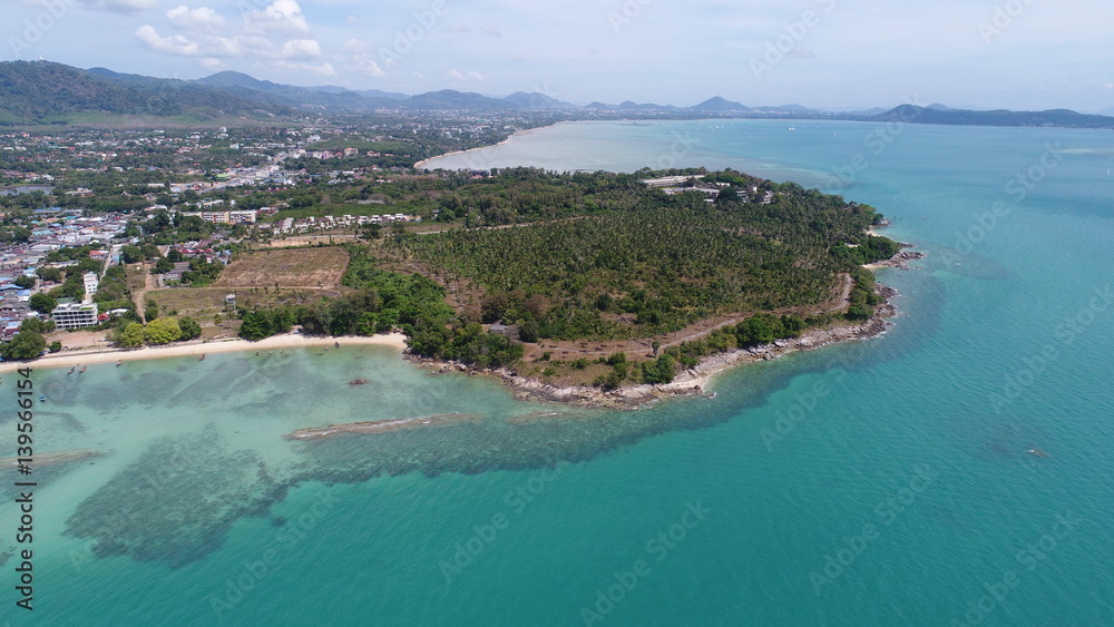 Aerial drone photo of the sea and coastline of Rawai beach in Phuket, Thailand