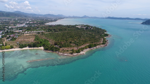 Aerial drone photo of the sea and coastline of Rawai beach in Phuket, Thailand