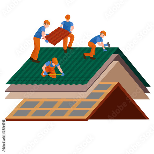 roof construction worker repair home, build structure fixing rooftop tile house with labor equipment, roofer men with work tools in hands outdoors renovation residential vector illustration