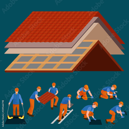 roof construction worker repair home, build structure fixing rooftop tile house with labor equipment, roofer men with work tools in hands outdoors renovation residential vector illustration