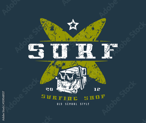 Surfing shop emblem. Graphic design for t-shirt