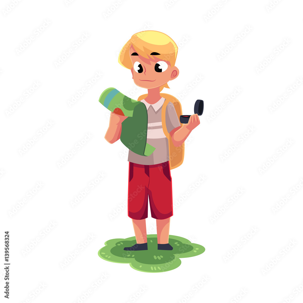 Teenage Caucasian boy with a backpack studying map, holding compass, camping, hiking concept, cartoon vector illustration isolated on white background. Boy scout, tourist with map and compass