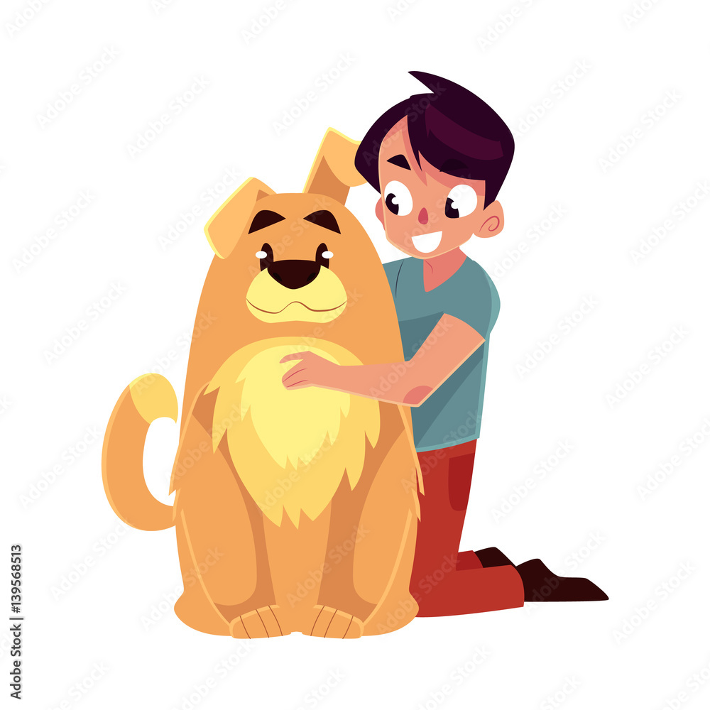 Little boy, child, kid with big fluffy brown dog friend, companion, cartoon  vector illustration isolated on white background. Full length portrait of  boy hugging a big brown dog, sitting on floor Stock