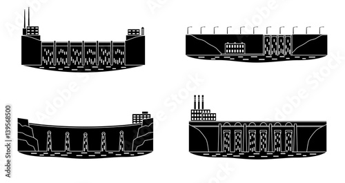 Set of hydro power station. Hydro electric power plant. Clean renewable water energy source concept. Vector illustration.
