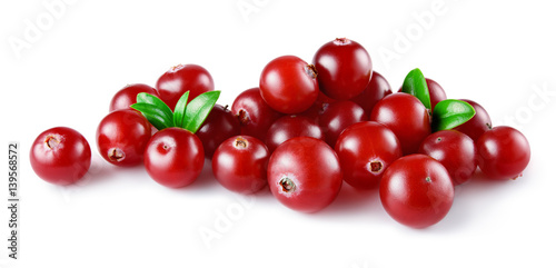 Cranberry. Heap of berries with leaves isolated on white backgrouund. Full depth of field.