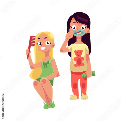 Little girls in pajamas brushing teeth and combing hair, evening hygiene routine, cartoon vector illustration isolated on white background. Girls brushing teeth and combing hair, health care concept