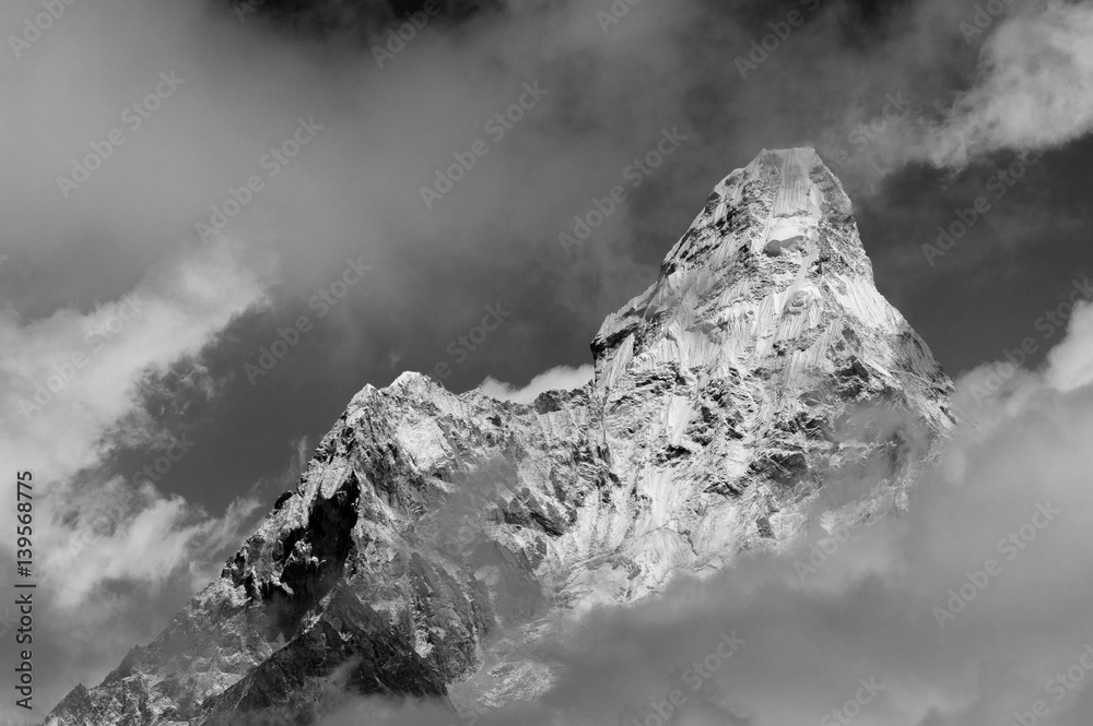 Ama Dablam mountain peak in Black and white