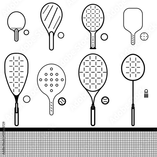 Obraz na płótnie vector icons set of different game rackets, balls and shuttlecock to play to badminton, table and big tennis, beach and platform tennis, pickleball, squash on white isolated backgrounds w salonie