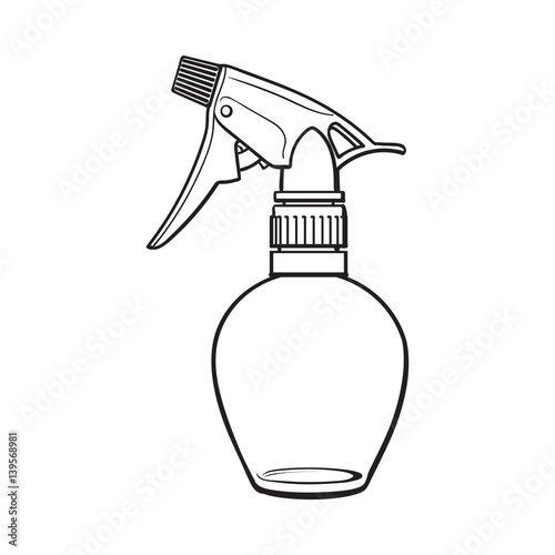 Unlabeled, transparent plastic hairdresser spray bottle, sketch style vector illustration isolated on white background. Hairdresser spray bottle, detergent, window cleanser liquid dispenser