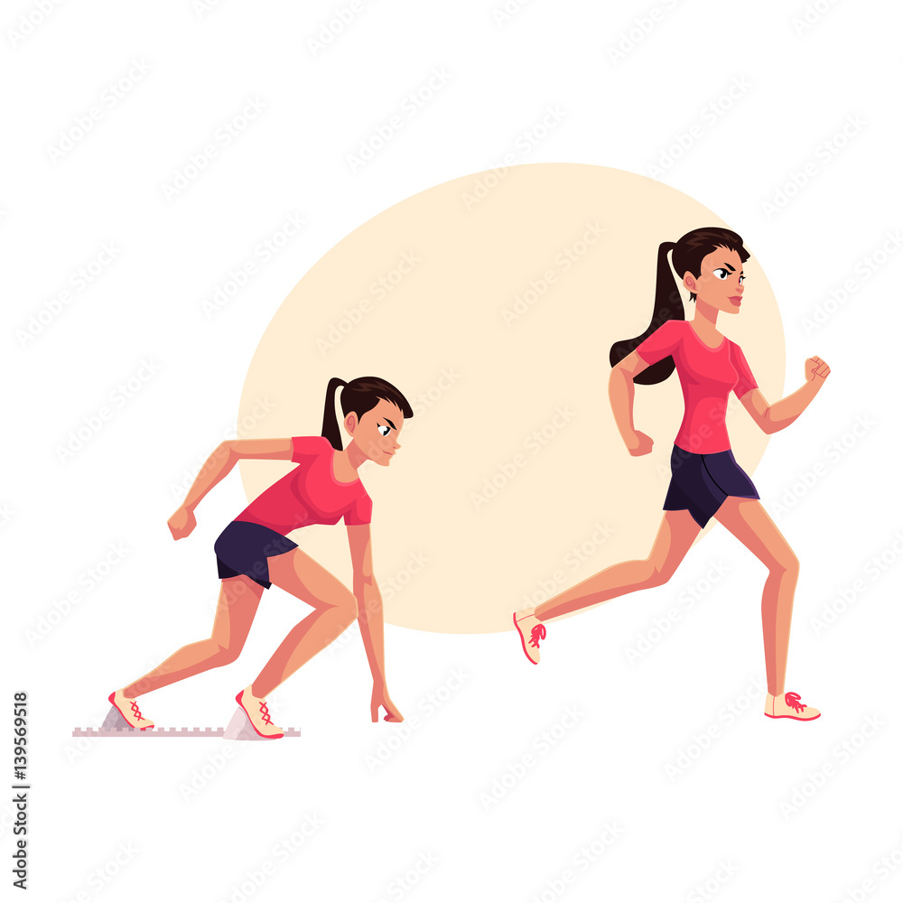 Young and pretty female runner, sprinter, jogger, ready to start and running,  cartoon vector illustration with place for text. Woman, girl running,  sprinter, track and field, competition Stock Vector | Adobe Stock