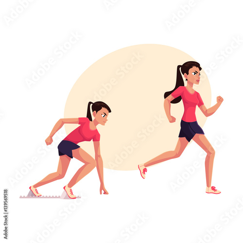 Young and pretty female runner, sprinter, jogger, ready to start and running, cartoon vector illustration with place for text. Woman, girl running, sprinter, track and field, competition