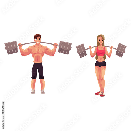 Man and woman bodybuilders, weightlifters working out, training with barbells, cartoon vector illustration isolated on white background. Full length portrait of man, woman bodybuilders with barbells