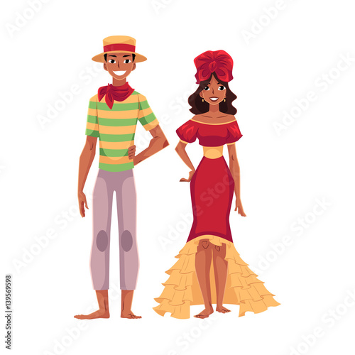 Man dressed for Festa Junina party and woman in ruffled skirt and headdress  Brazilian people  cartoon vector illustration isolated on white background. Brazilian couple dressed for carnival party