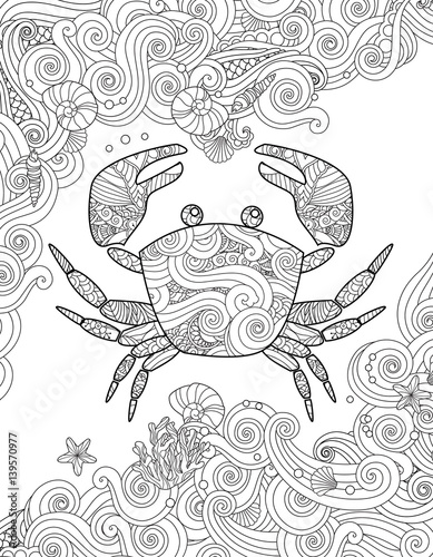 Coloring page. Ornate crab and sea waves. Vertical composition.