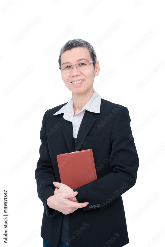 Senior businesswoman smiles over white background Senior businesswoman smiles over white background