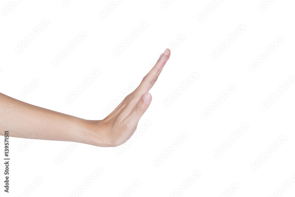 Female hand stop palm gesture isolated on white background