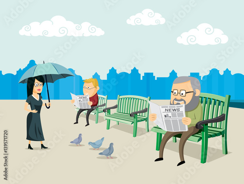 Old man sitting on a bench and reading a newspaper on the square. Woman with umbrella. Simple cartoon vector illustration.  
