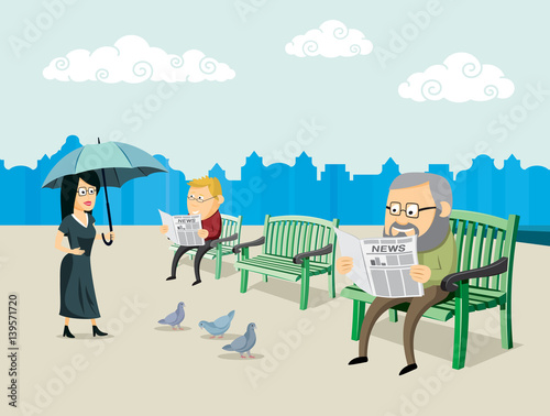 Old man sitting on a bench and reading a newspaper on the square. Woman with umbrella. Simple cartoon vector illustration.
