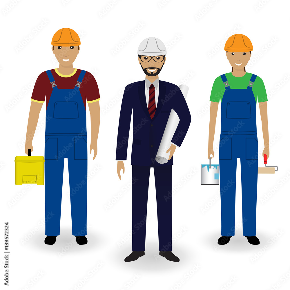 Construction people. Engineer in suit with drawings and couple of workers in overalls isolated on a white background.