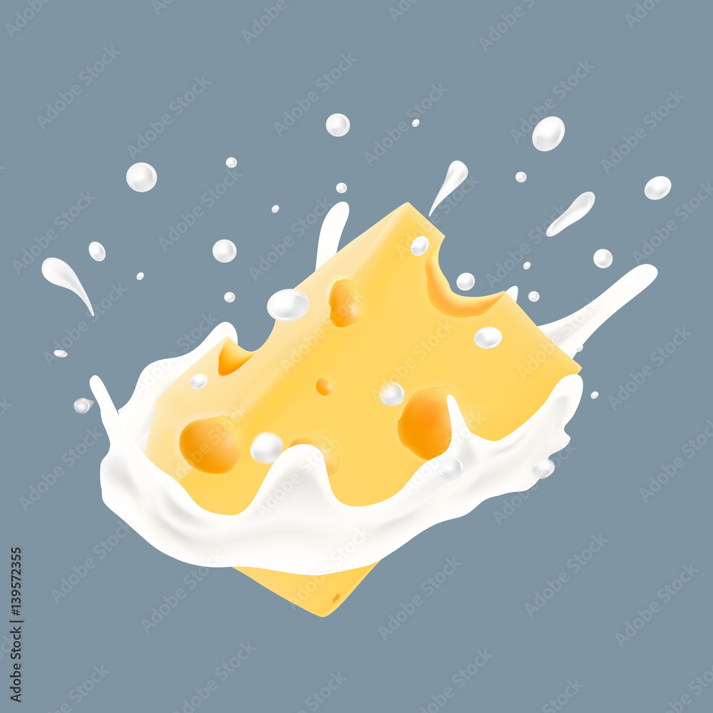 Illustration of organic cheese in milk splash vector realistic icon isolated Illustration of organic cheese in milk splash vector realistic icon isolated