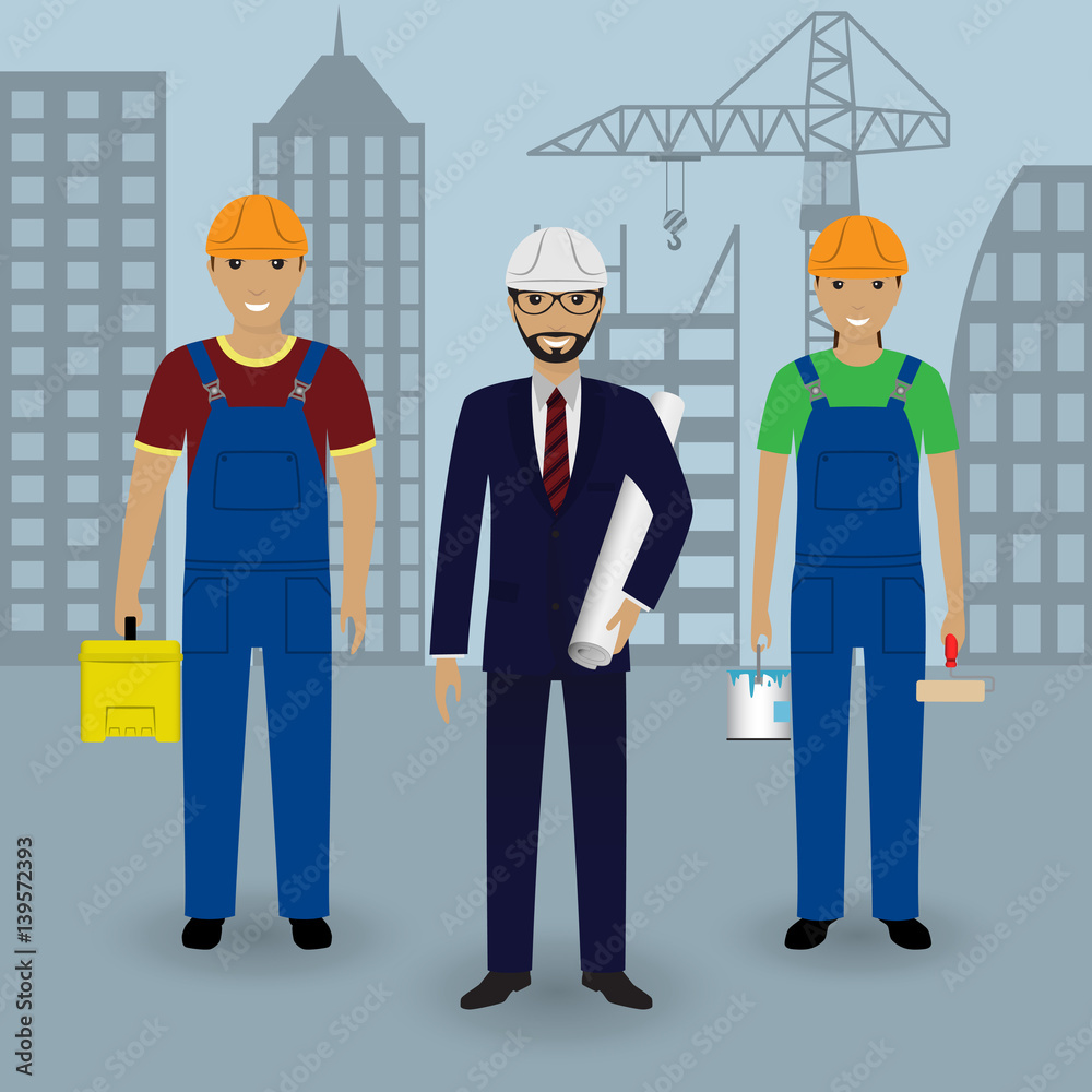 Construction people. Engineer in suit with drawings and couple of workers in overalls on a cityscape background. Construction people. Engineer in suit with drawings and couple of workers in overalls on a cityscape background.