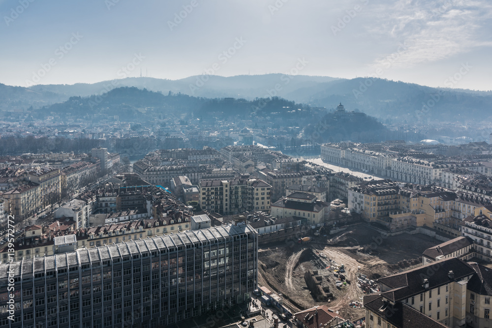 Obraz premium View of the historic center of Turin and its hills from the Mole Antonelliana, Italy 