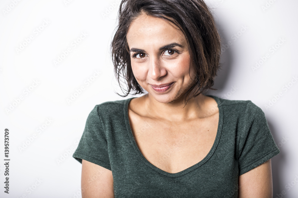 bright brunette girl isolated on a white background