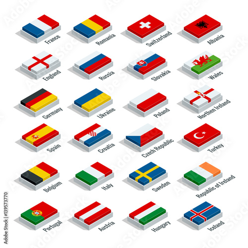 Euro 2016 in France. Flags of European countries participating to the final tournament of Euro 2016 football championship