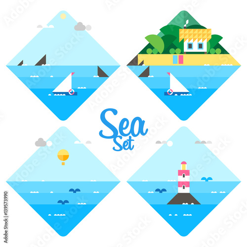 Vector set. Sea, island reefs. The lighthouse in the sea. Whale in the ocean. Bungalow on island.