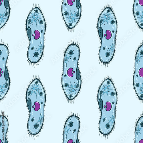 Seamless pattern with microorganisms Paramecium on blue background. Vector illustration