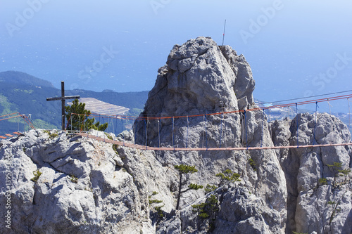 background landscape hanging rope bridges between the peaks of Mount Ai-Petri at high altitude  Yalta  Crimea