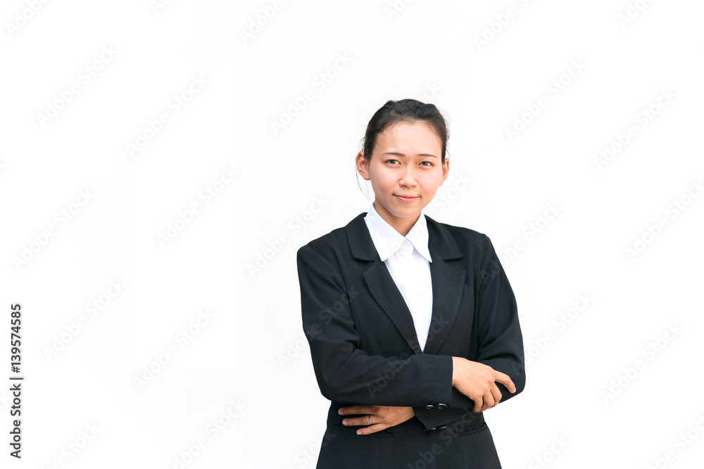 asia business woman 20 - 25 yearold cross one's arm on white background with copy space. asia business woman 20 - 25 yearold cross one's arm on white background with copy space.