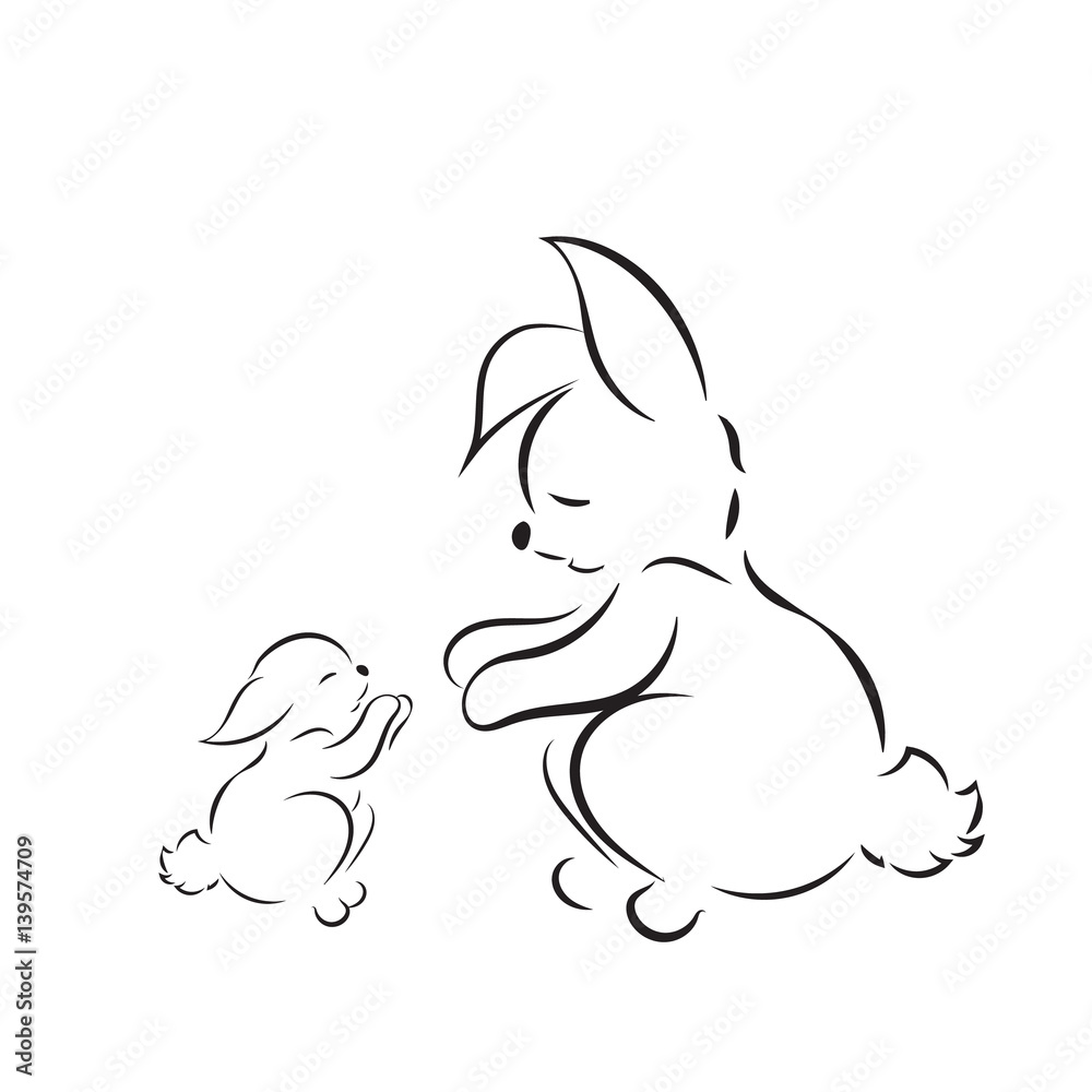 Vector image of cute rabbits mother and baby isolated on white background Vector image of cute rabbits mother and baby isolated on white background