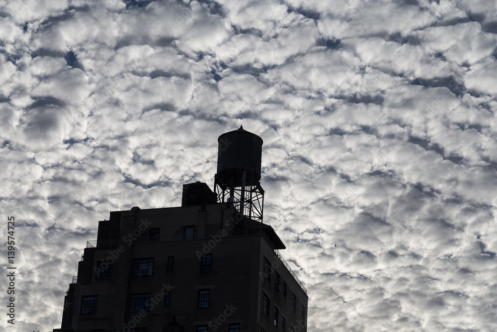 Fototapeta premium Dramatic cloudy sky over a water tower on a skyscraper in the Upper West Side, New York City