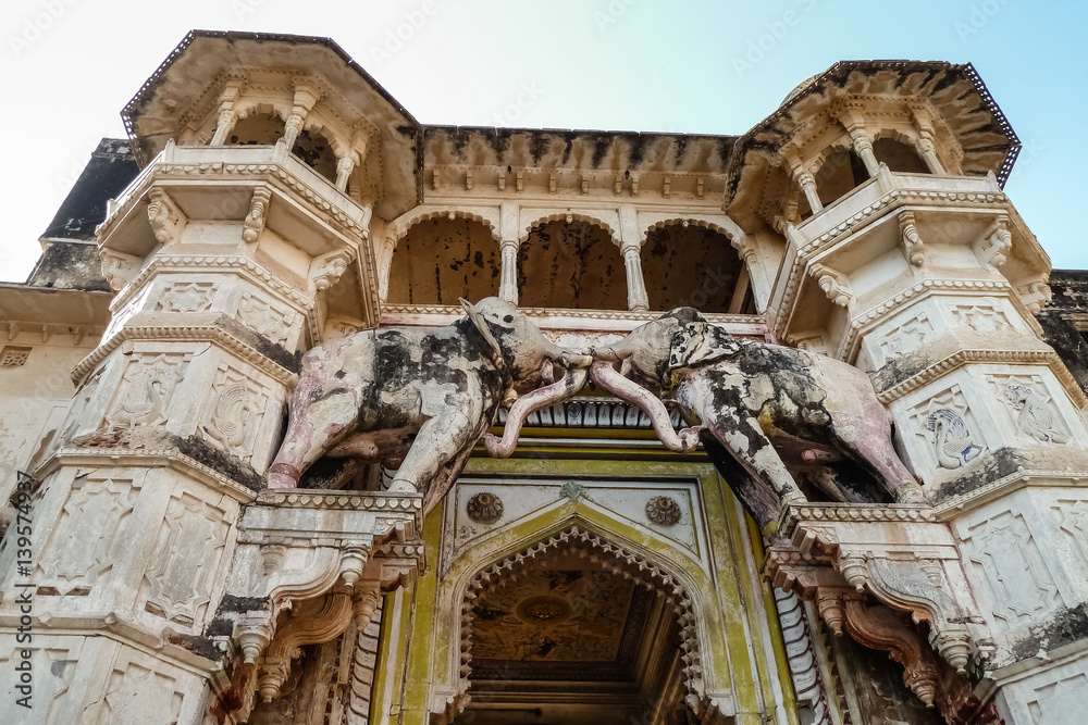 Low angle view of entrance gate Bundi Palace, Rajasthan, India