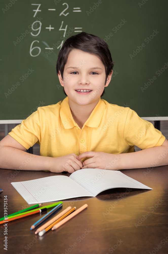 portrait of smiling boy sitting at table in classroom portrait of smiling boy sitting at table in classroom