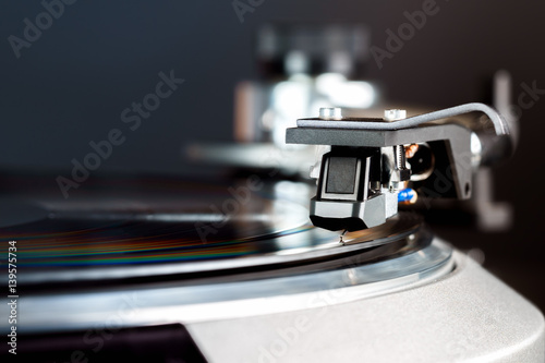 vintage turntable in action closeup