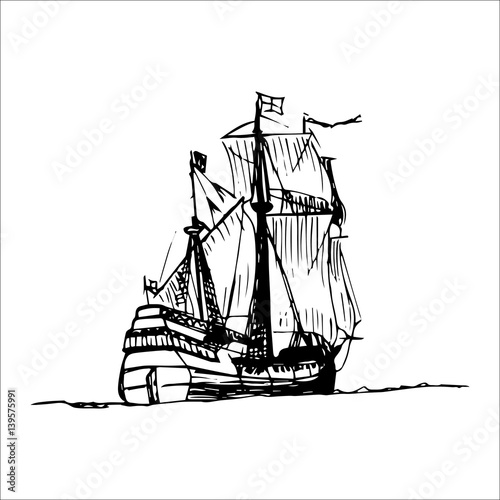 Sailing galleon ship in the ocean in ink line style. Vector hand sketched old warship. Marine theme design.