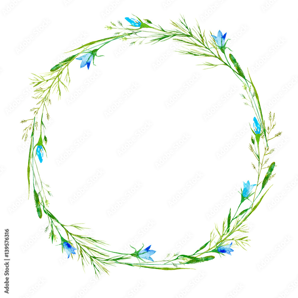 Wreath of a meadow herbs and bluebell flowers. Garland of a spike and timothy grass. Watercolor hand drawn illustration.