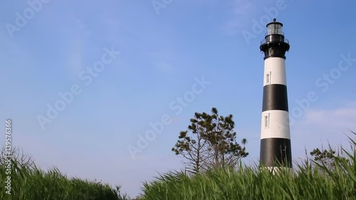 Looped footage features the black and white striped Bodie Island Lighthouse near Nags Head at Cape Hatteras National Seashore on the Outer Banks of North Carolina.