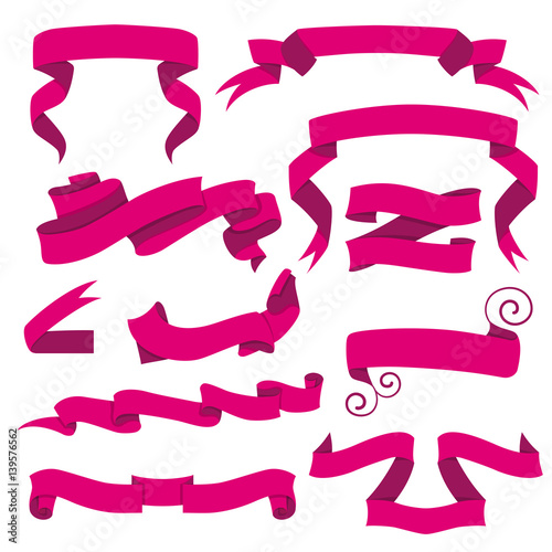Horizontal cartoon ribbon banners vector. Set of pink ribbons in flat style photo