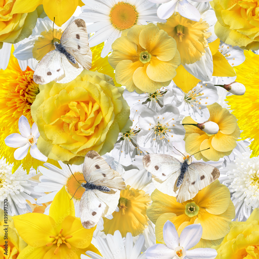 Seamless background with yellow, white flowers and white butterflies ...