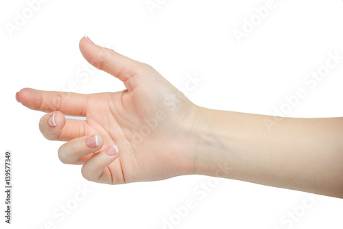 Beautiful woman hand holding or given isolated on white background. manicured nails